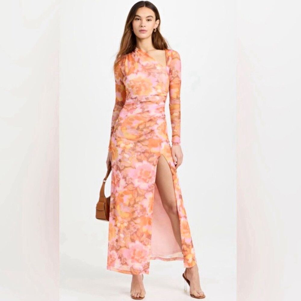 Significant Other Pink/Orange Floral Asymmetric Long Sleeve Maxi Dress Slit 4